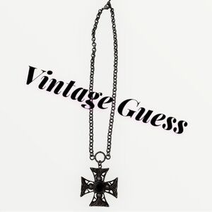❓Guess Vintage Gothic Black Stailnless Steel Cross Pendant Necklace with stones